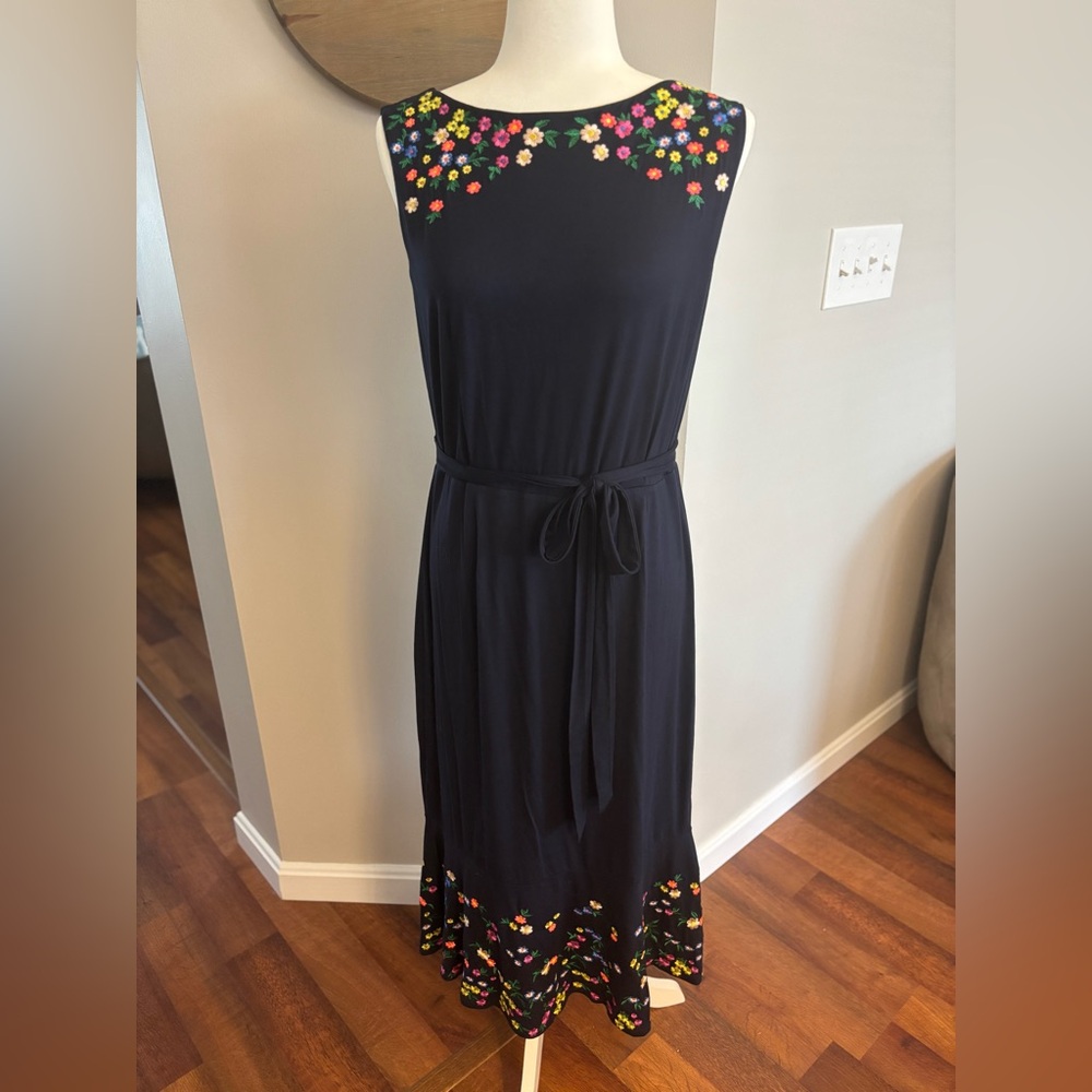 Boden Navy Blue Maxi Dress with Colorful Embroidered Floral Accents